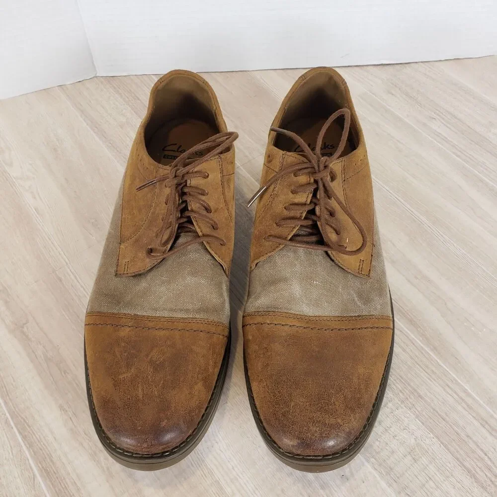 CLARKS Garren Mens Cap Toe Oxfords Lace Up Leather Fabric Brown size 10.5